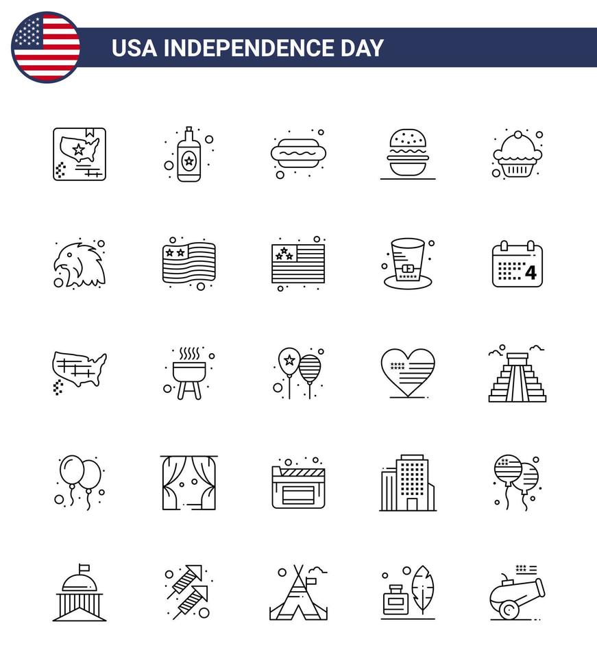 impostato di 25 vettore Linee su 4 ° luglio Stati Uniti d'America indipendenza giorno come come focaccina torta cane Stati Uniti d'America mangiare modificabile Stati Uniti d'America giorno vettore design elementi