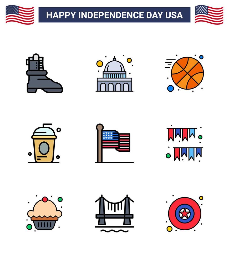 9 Stati Uniti d'America piatto pieno linea segni indipendenza giorno celebrazione simboli di ringraziamento americano palla indipendenza bevanda modificabile Stati Uniti d'America giorno vettore design elementi