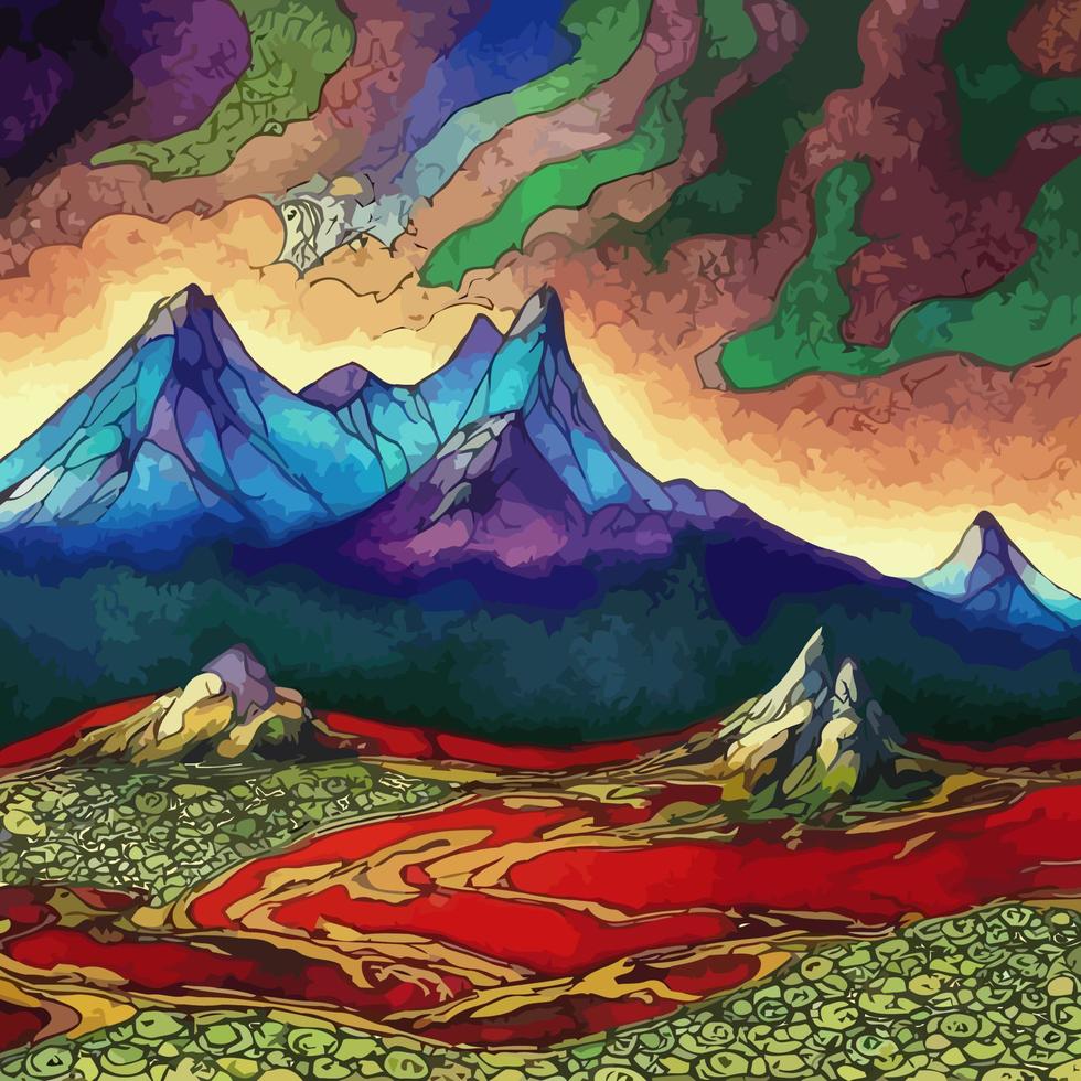 surreale vulcanico montagnoso paesaggio scena vettore