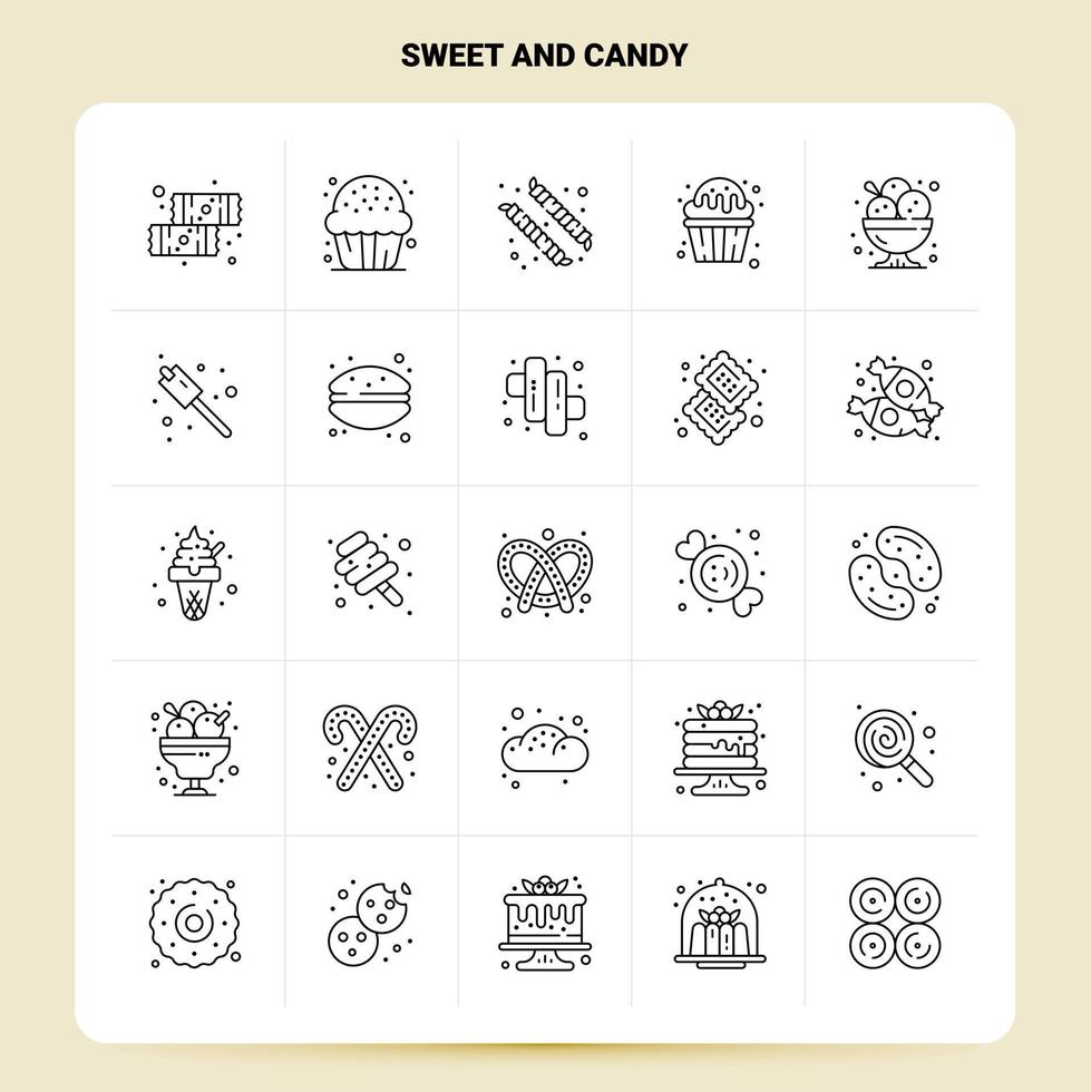 schema 25 dolce e caramella icona impostato vettore linea stile design nero icone impostato lineare pittogramma imballare ragnatela e mobile attività commerciale idee design vettore illustrazione