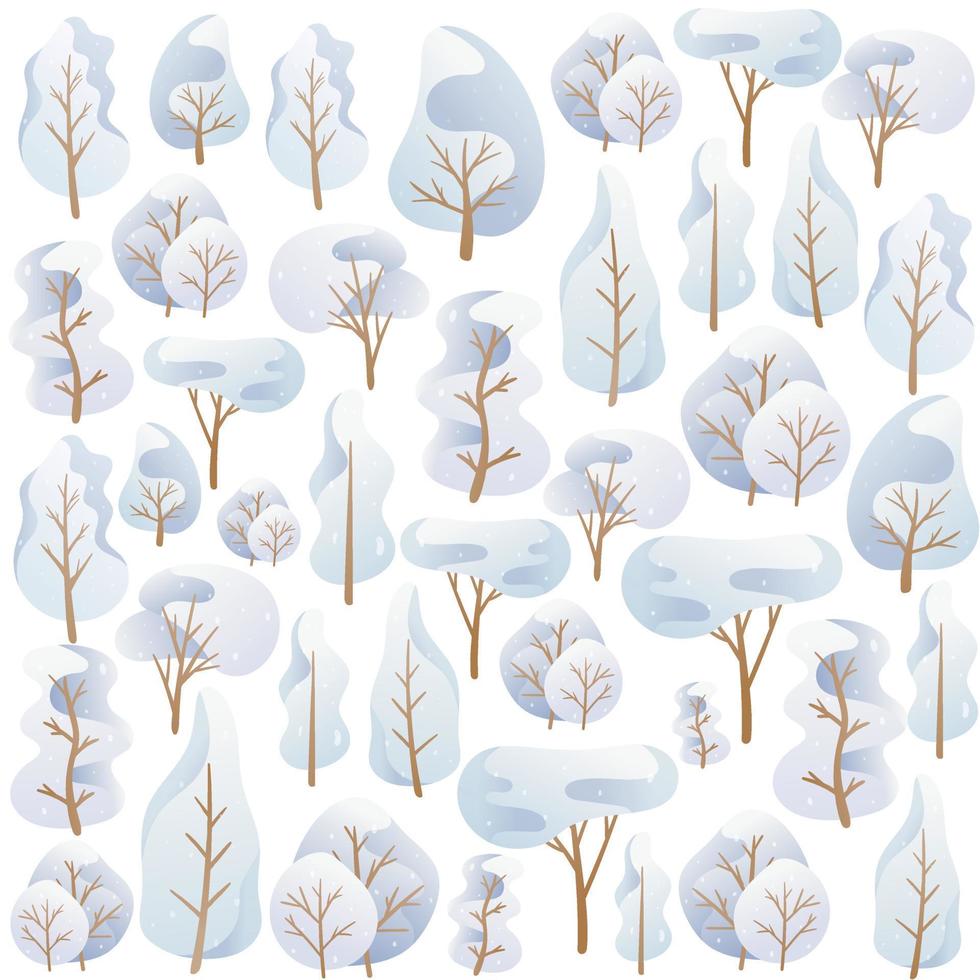 vettore senza soluzione di continuità modello con cartone animato alberi nel un' blu tavolozza, innevato inverno corona di diverso forme