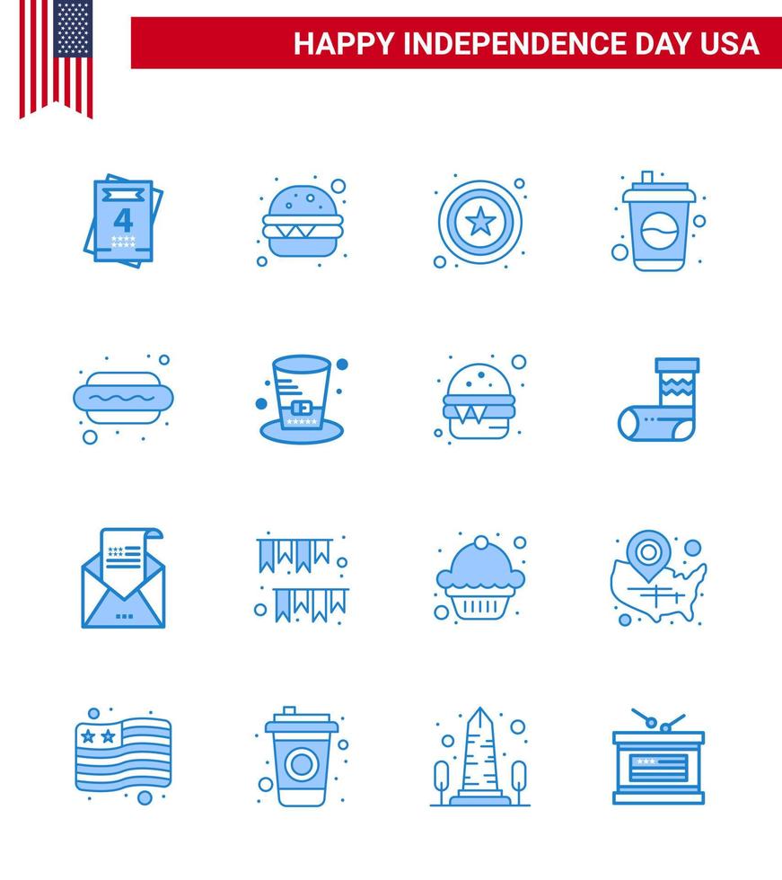 16 Stati Uniti d'America blu imballare di indipendenza giorno segni e simboli di giorno cibo cartello cane bibita modificabile Stati Uniti d'America giorno vettore design elementi