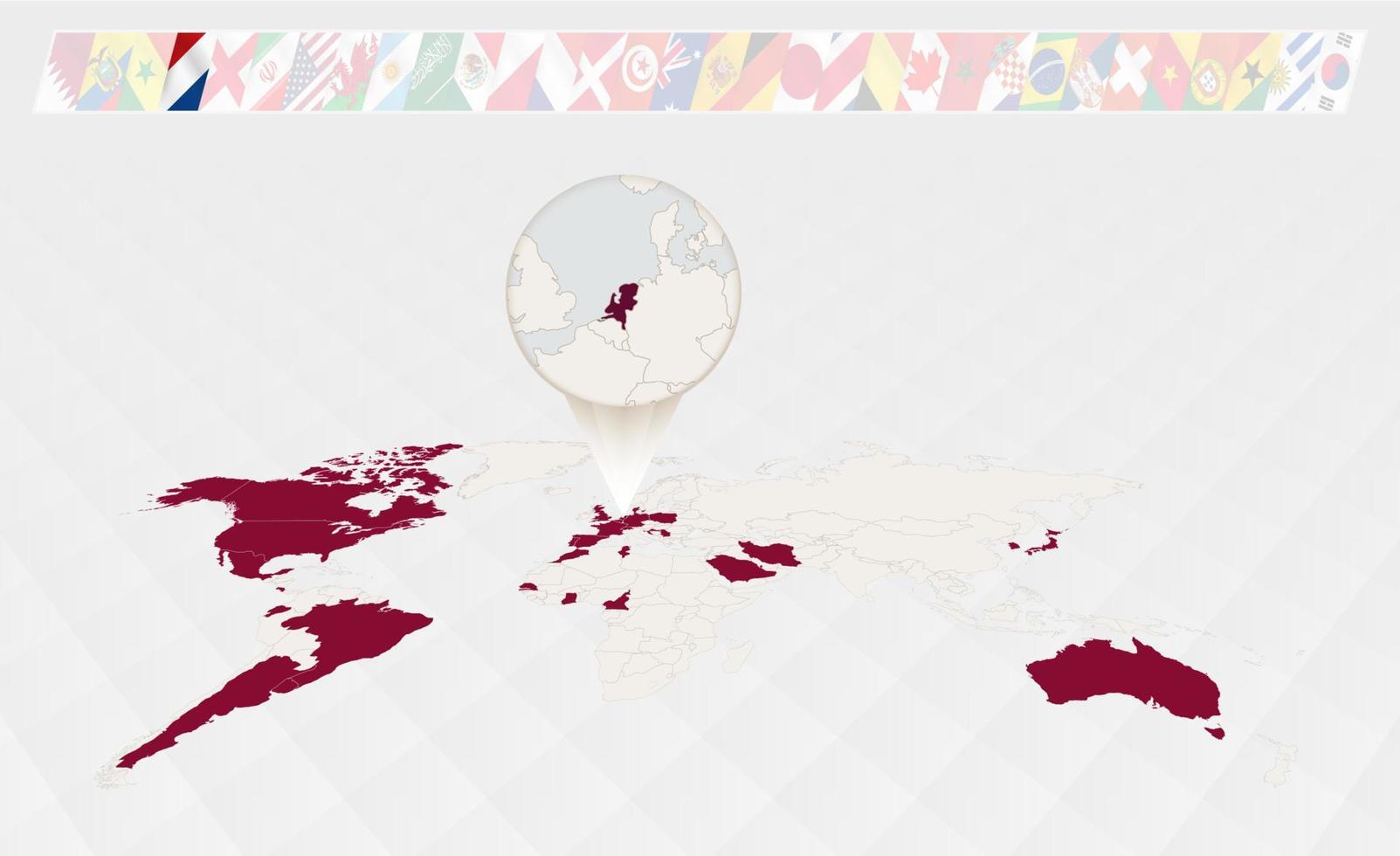 Ingrandire il carta geografica di Olanda selezionato su il prospettiva mondo carta geografica, infografica di il partecipanti nel calcio torneo. vettore