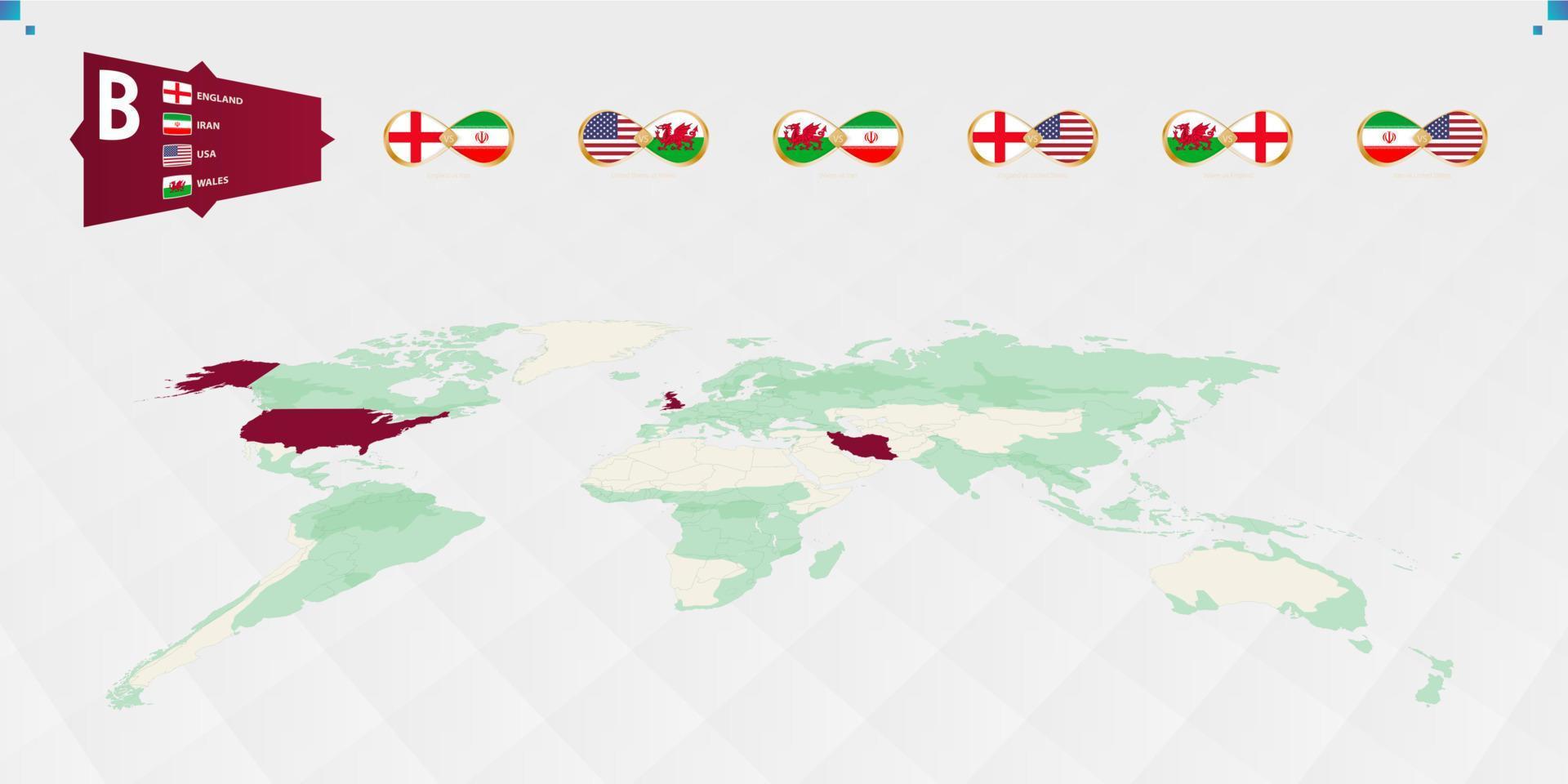 partecipanti nel gruppo B di il calcio torneo, evidenziato nel Borgogna su il mondo carta geografica. tutti gruppo Giochi. vettore