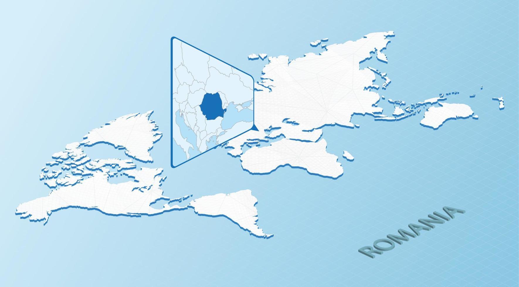 mondo carta geografica nel isometrico stile con dettagliato carta geografica di Romania. leggero blu Romania carta geografica con astratto mondo carta geografica. vettore