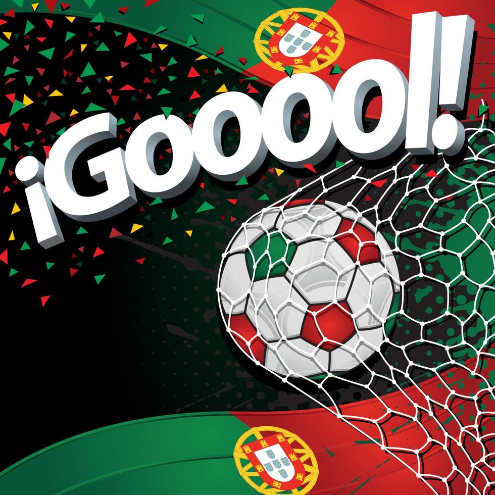parola goooool Il prossimo per un' calcio palla punteggio un' obbiettivo su un' sfondo di Portogallo bandiere e verde e rosso coriandoli. vettore Immagine