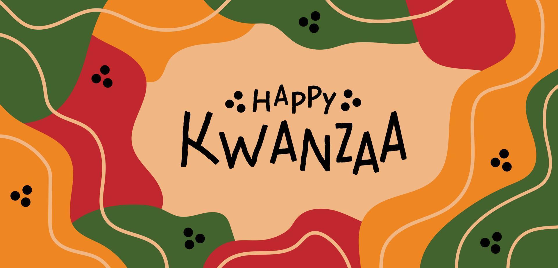 contento Kwanzaa astratto orizzontale lungo bandiera design con casuale luminosa rosso giallo verde biologico forme, Linee confine. vettore modello per Kwanzaa africano americano celebrazione nel Stati Uniti d'America.