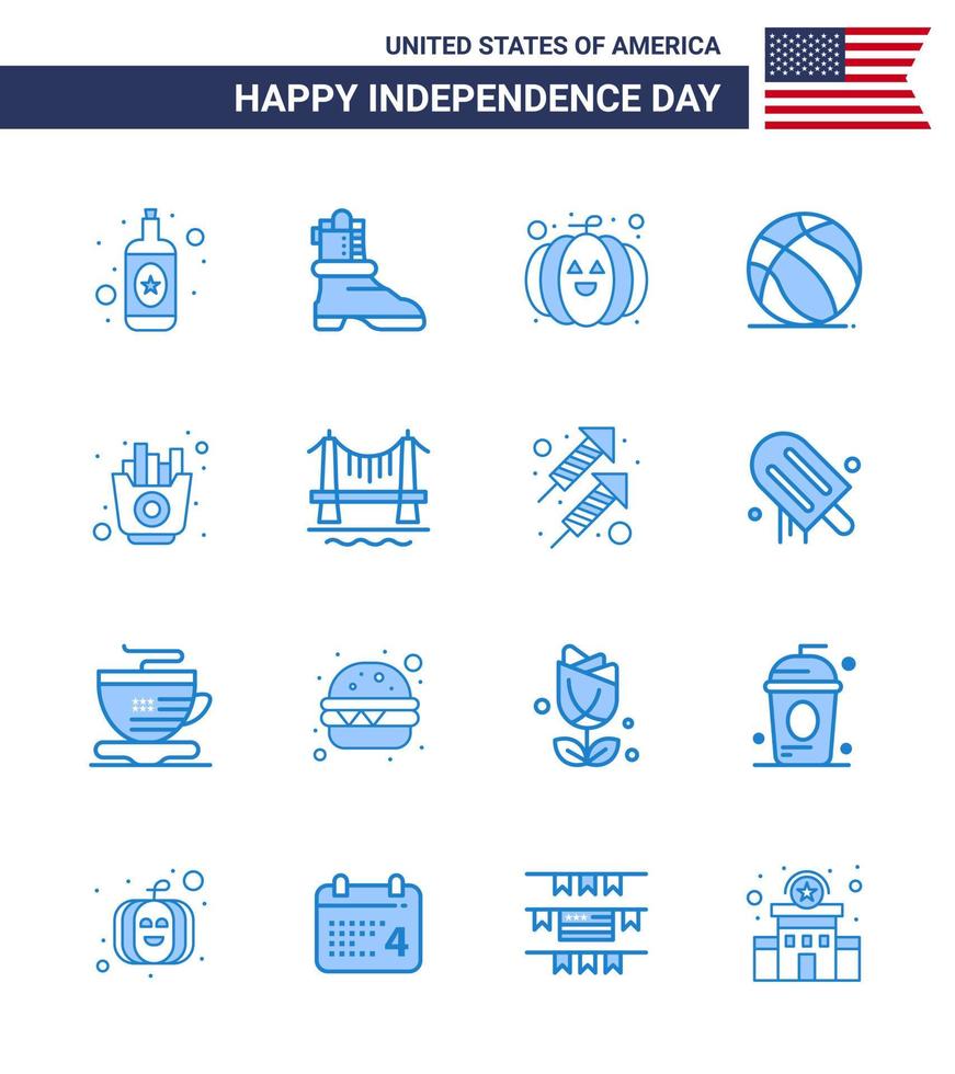 Stati Uniti d'America contento indipendenza pictogram impostato di 16 semplice blues di ponte patatine fritte Festival cibo Stati Uniti d'America modificabile Stati Uniti d'America giorno vettore design elementi