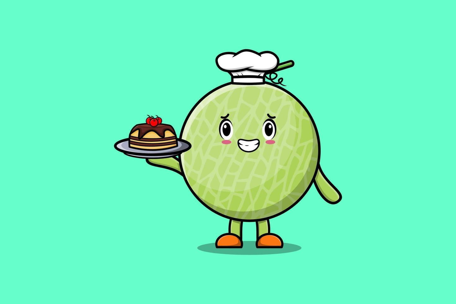 carino cartone animato capocuoco melone servendo torta su vassoio vettore