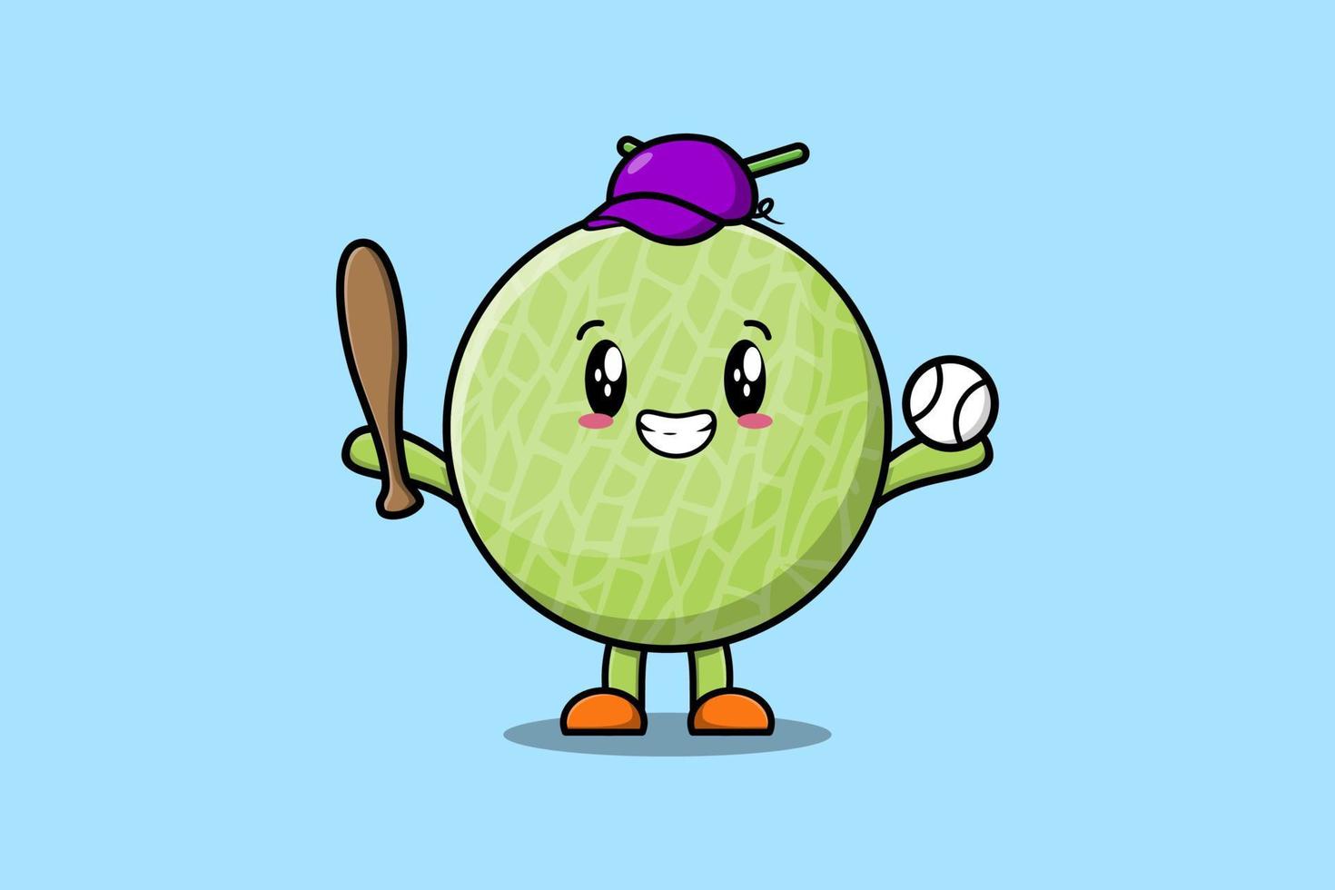 carino cartone animato melone personaggio giocando baseball vettore