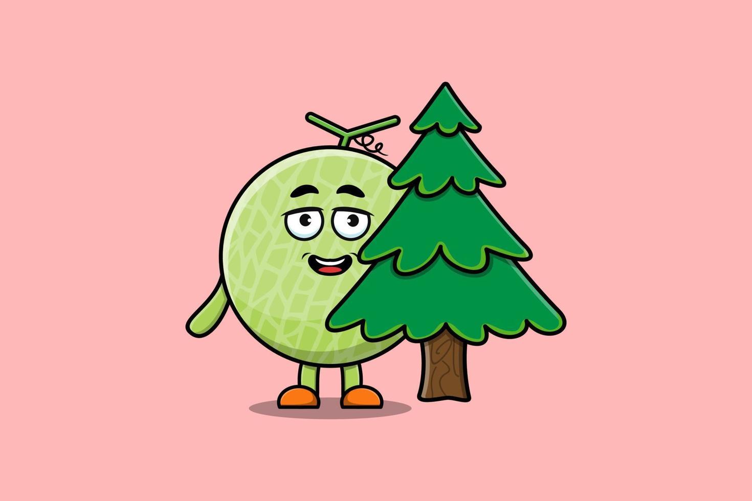 carino cartone animato melone personaggio nascondiglio albero vettore