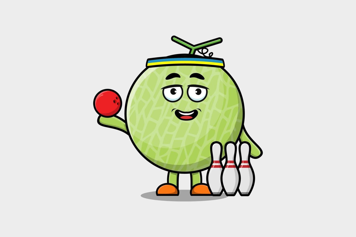 carino cartone animato melone personaggio giocando bowling vettore