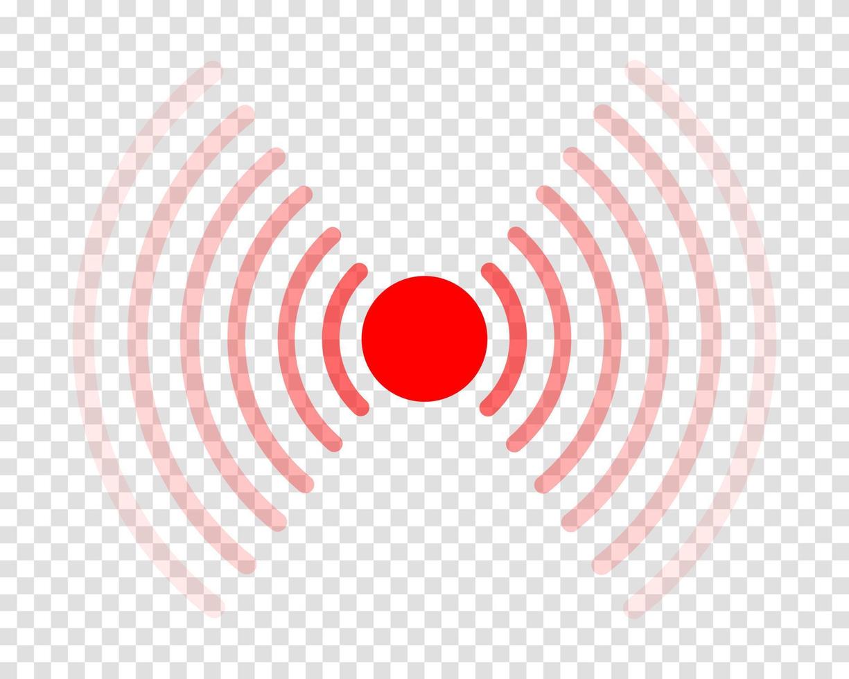 rosso dolore punto icona. male simbolo. dolore localizzazione cartello. radar o sonar onda isolato su trasparente sfondo vettore