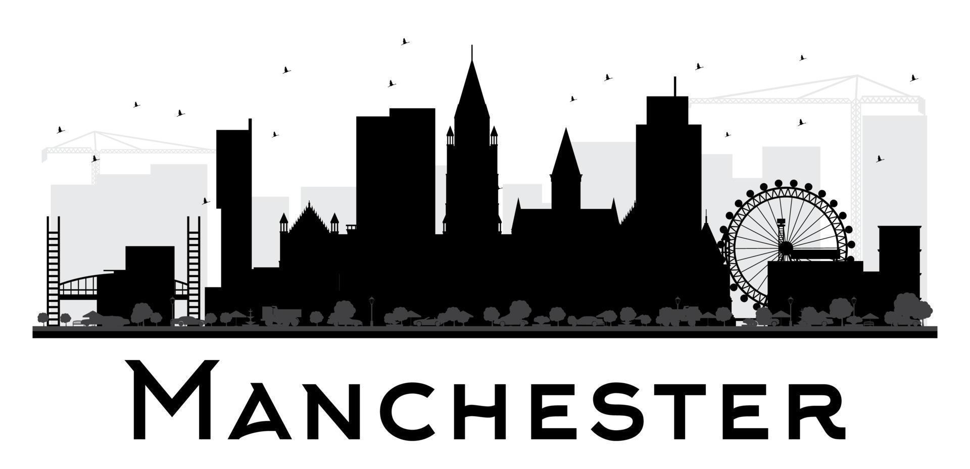 Manchester città orizzonte nero e bianca silhouette. vettore