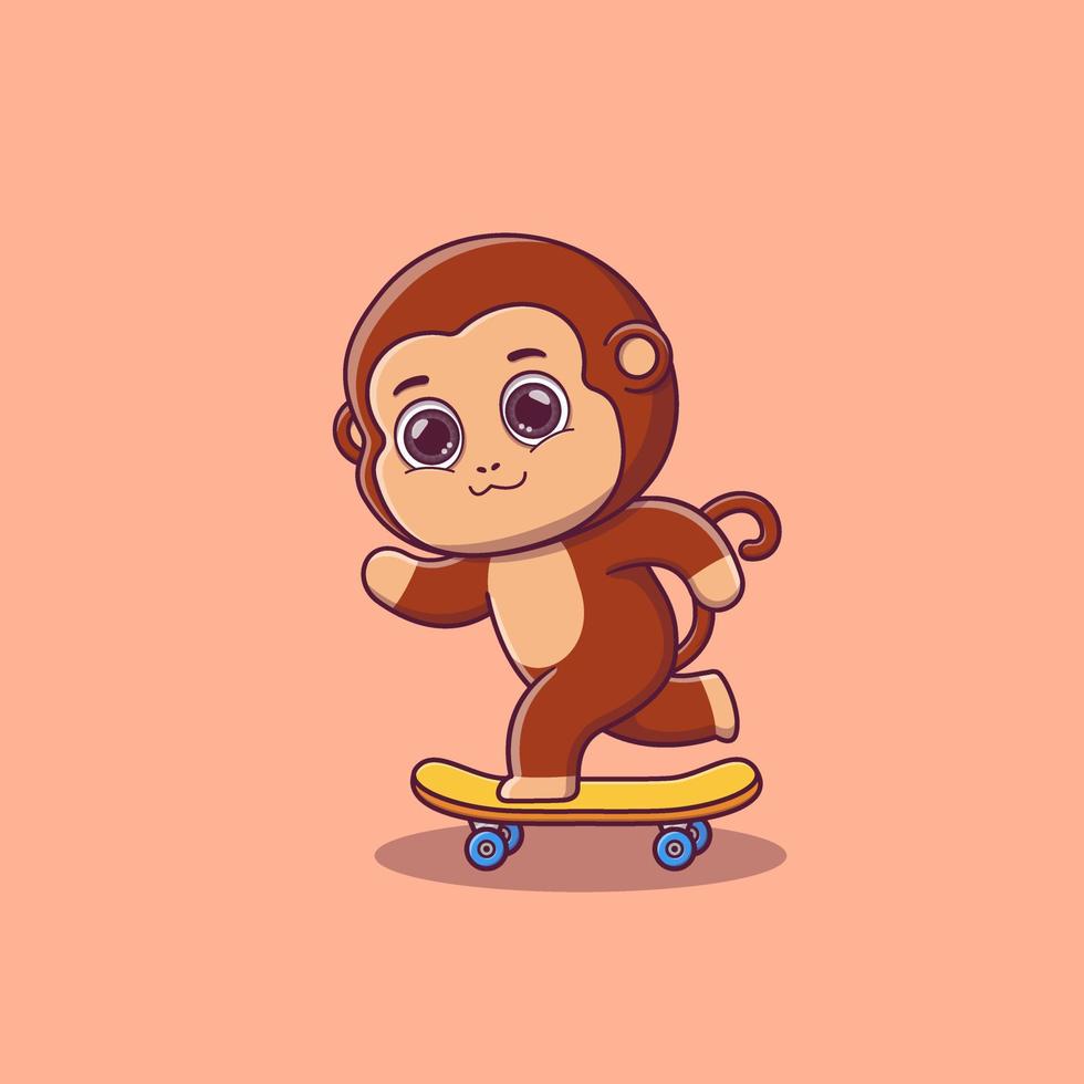 carino scimmia giocando skateboard cartone animato vettore