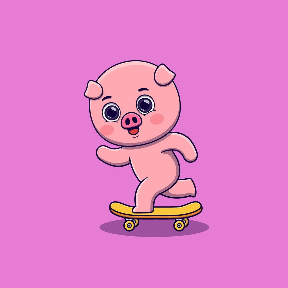 carino maiale giocando skateboard cartone animato vettore
