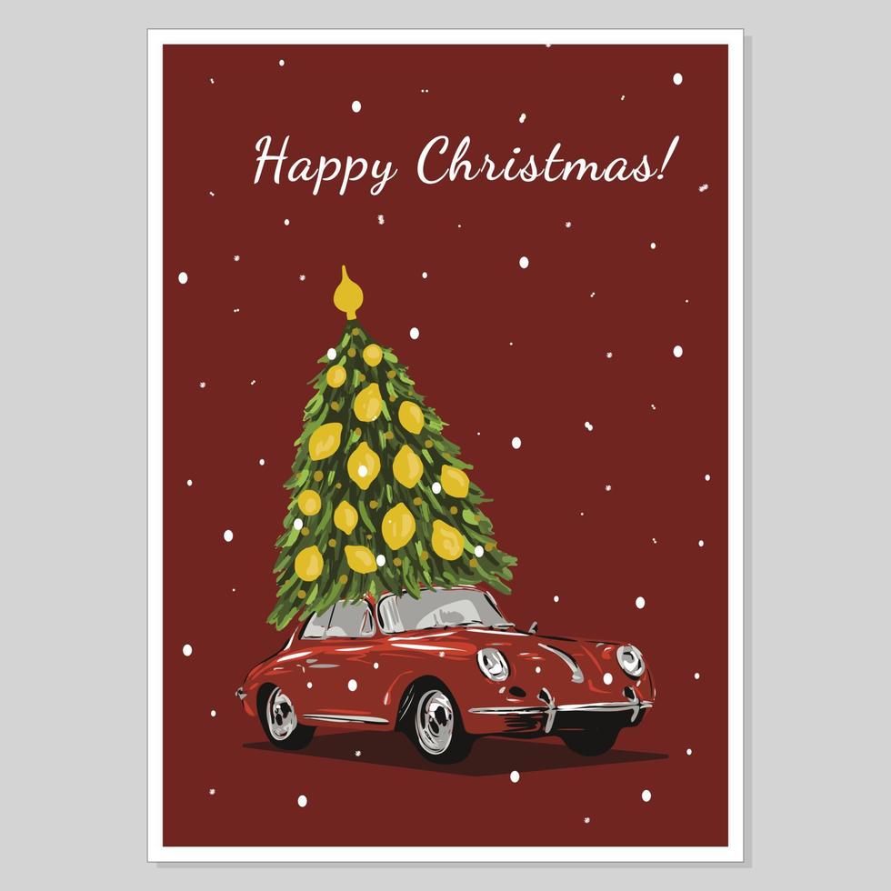 allegro Natale illustrazione vettore modello design. Natale cartolina con rosso auto e Natale albero