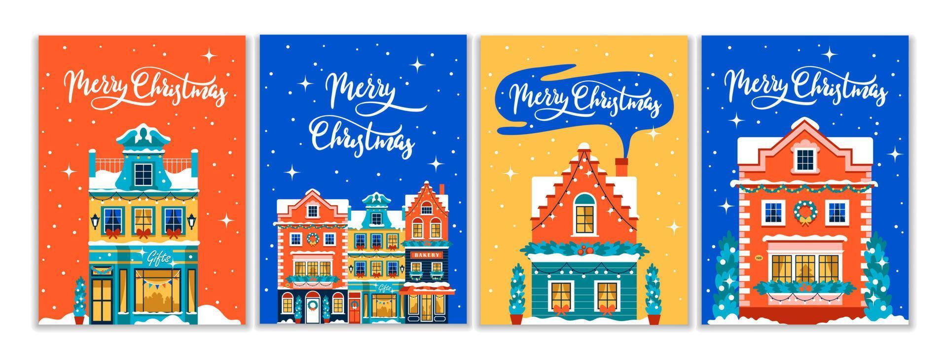 un' impostato di luminosa Natale carte. inverno colorato case con arredamento. lettering allegro Natale vettore