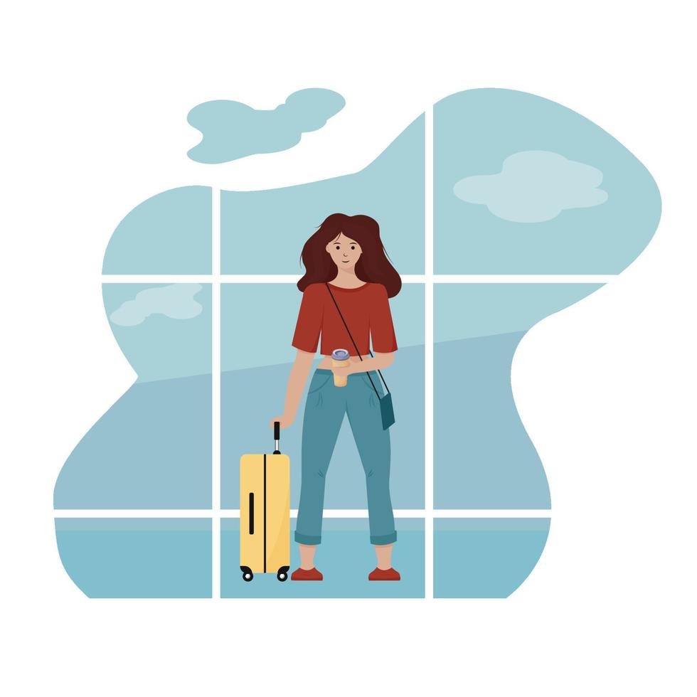 un' giovane donna con un' valigia va su vacanza. vettore