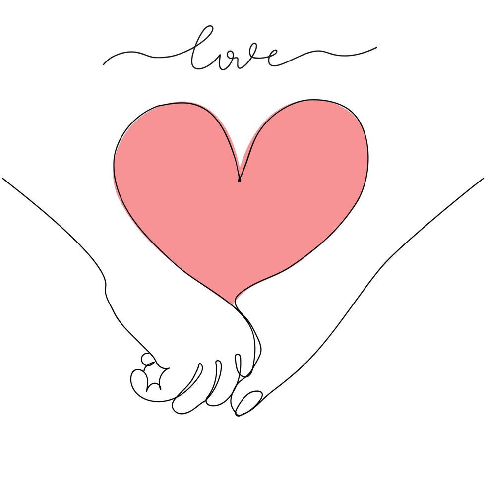 Due mani e un' cuore disegnato con uno linea. isolato su bianca sfondo. vettore illustrazione