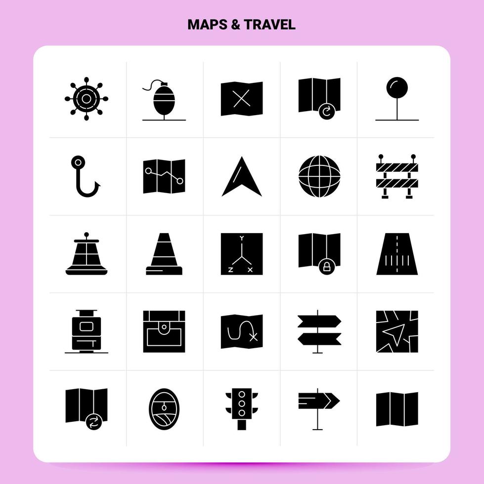 solido 25 mappe viaggio icona impostato vettore glifo stile design nero icone impostato ragnatela e mobile attività commerciale idee design vettore illustrazione