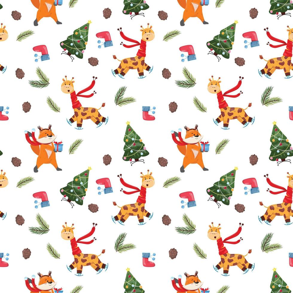 inverno senza soluzione di continuità modello con giraffa, Volpe, pino rami, pino coni e Natale albero. vettore