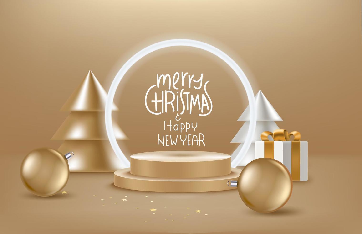 Natale saluto carta con lettering iscrizione e d'oro palline e pini. 3d vettore saluto carta