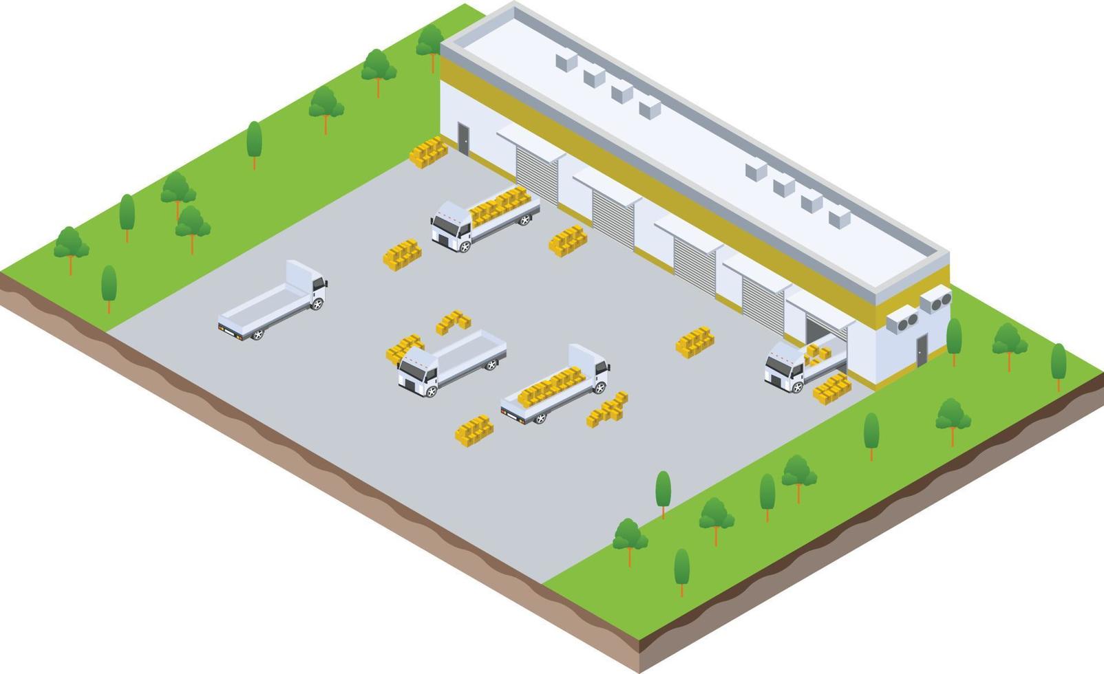isometrico scena di camion a magazzino logistica sala scarico processi nel azienda attività commerciale vettore