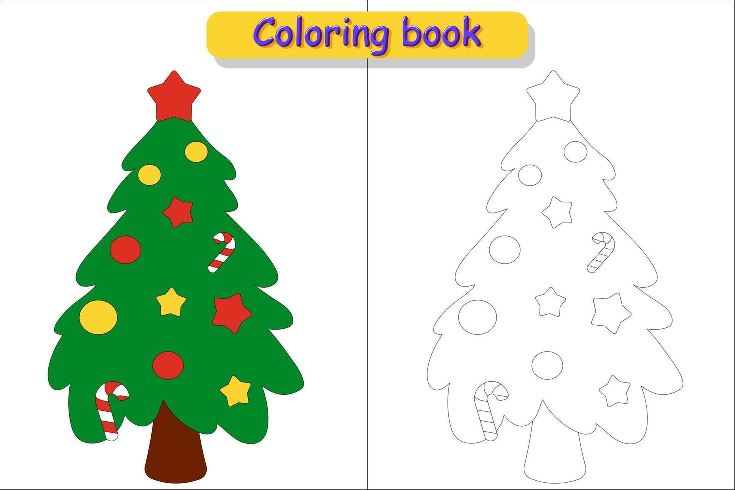 figli di colorazione libro Natale albero, immagine nel colore e senza colore vettore