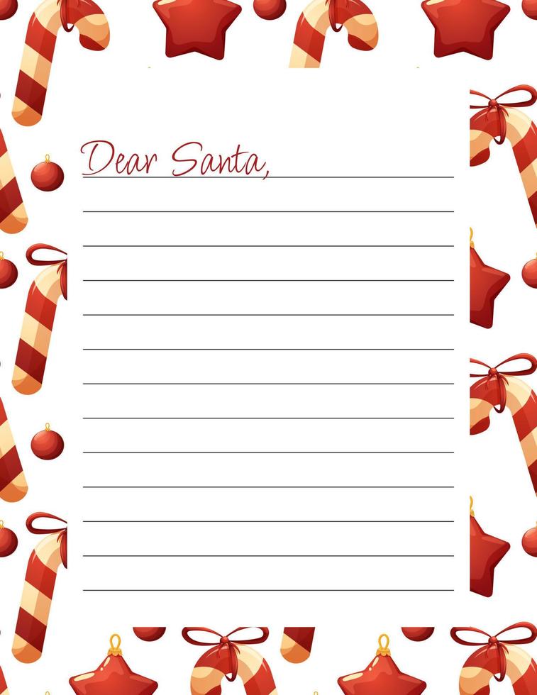 lettera modello per lettere per Santa Claus con caramello canna e Natale albero giocattoli su bianca sfondo vettore