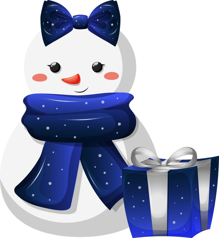 cartone animato pupazzo di neve ragazza nel blu sciarpa e cappello con regalo su trasparente sfondo vettore