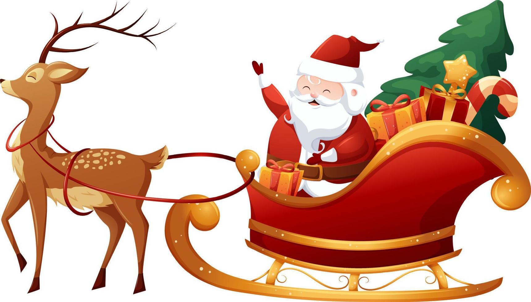 cartone animato Santa Claus slitta con i regali e renna nel imbracatura su trasparente sfondo vettore