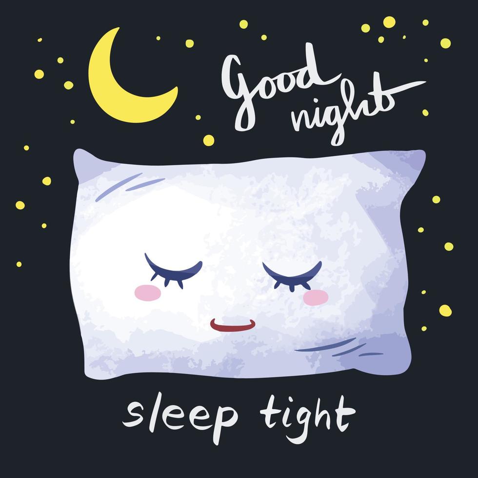 carino addormentato cuscino carattere. bene notte dormire stretto a tema vettore illustrazione con Luna e stelle decorazioni con cartone animato styled arte disegno.