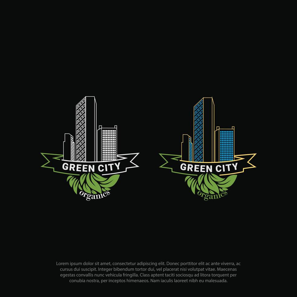 verde foglia con città edifici silhouette. vettore logo modello. astratto design concetto per ecologia tema, vero tenuta agenzia, edificio azienda, urbano paesaggio, città vita.