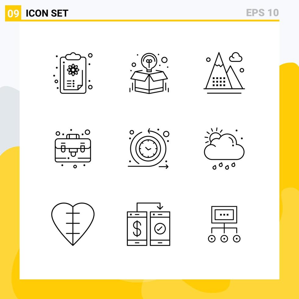 mobile interfaccia schema impostato di 9 pittogrammi di ciclo tempo ventiquattrore offrire Borsa montagne modificabile vettore design elementi