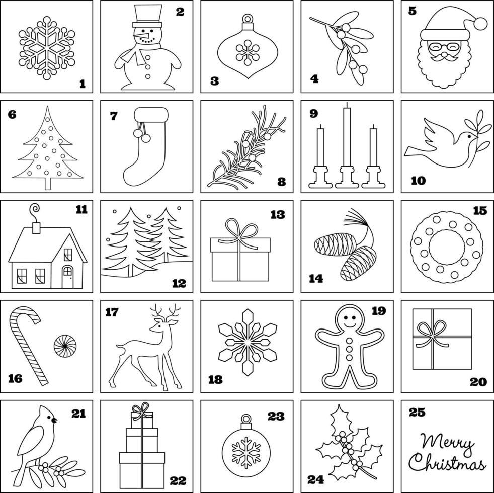 Avvento calendario con Natale nero schema illustrazioni digitale francobolli vettore