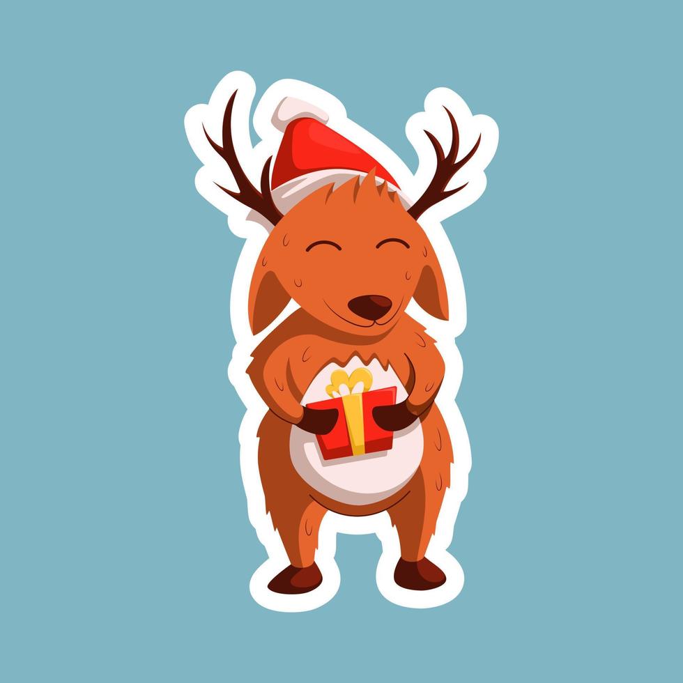 cartone animato Natale cervo con un' regalo. vettore