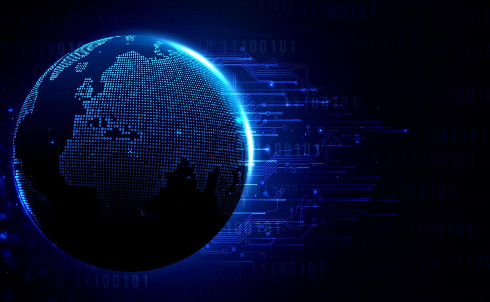digitale tecnologia In tutto il mondo globale Rete Internet connessione blu sfondo, astratto informatica Tech futuristico pianeta carta geografica mondo, ai grande dati, innovazione 5g senza fili Wi-Fi futuro, illustrazione vettore