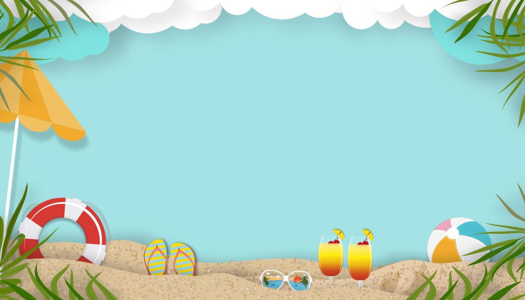 estate scena sfondo con spiaggia vacanza vacanza tema con rosa onda strato e copia spazio, vettore superiore Visualizza carta tagliare di tropicale estate disegno, palma le foglie e nube su blu cielo sfondo