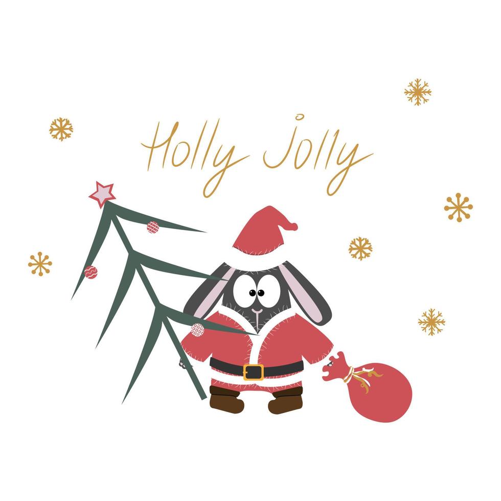 nero lepre o coniglio nel un' Santa costume con Natale albero e i regali. vettore illustrazione di il simbolo di 2023. agrifoglio gioviale
