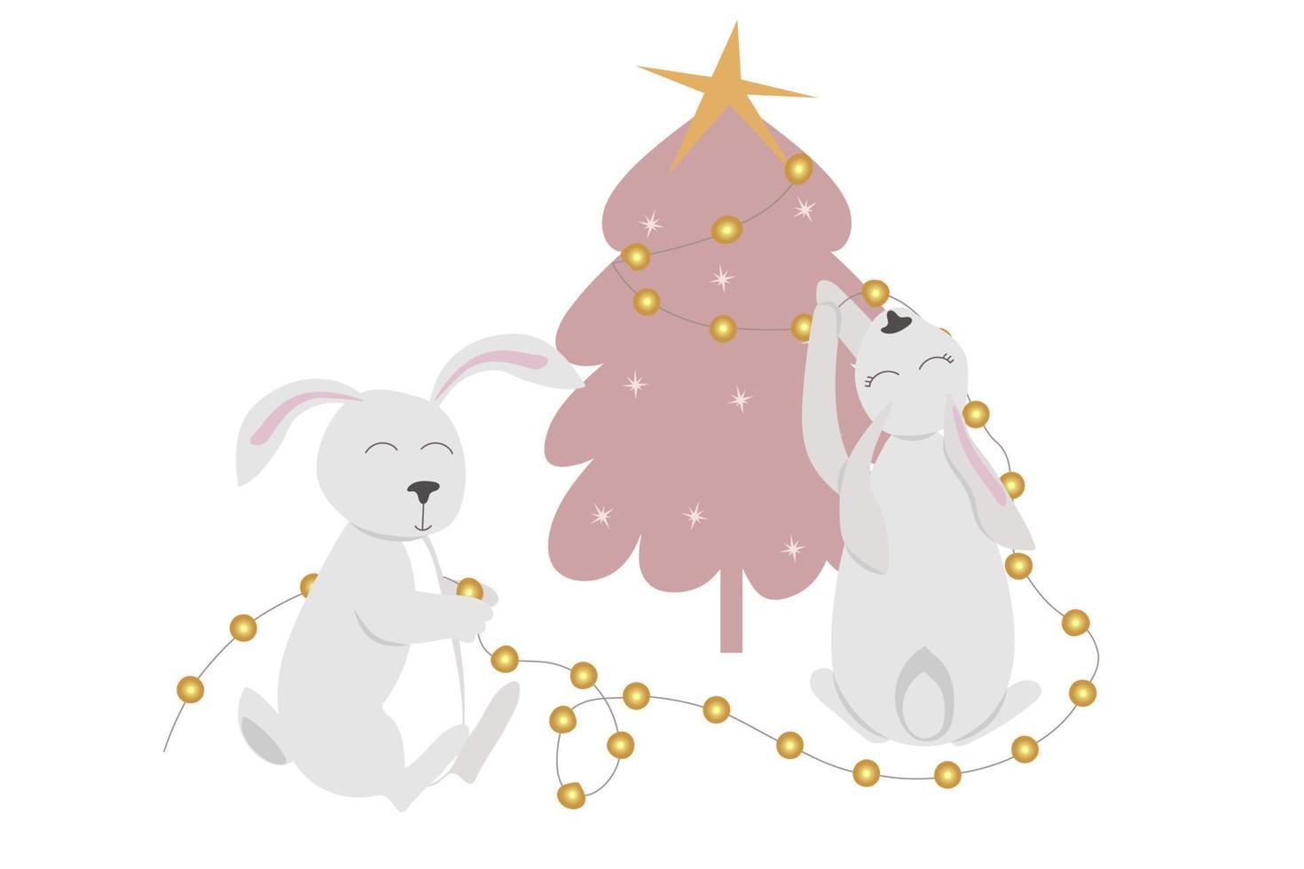 Due lepri o conigli decorare il Natale albero con un elettrico ghirlanda. festivo carta per il nuovo anno, simbolo di 2023 vettore