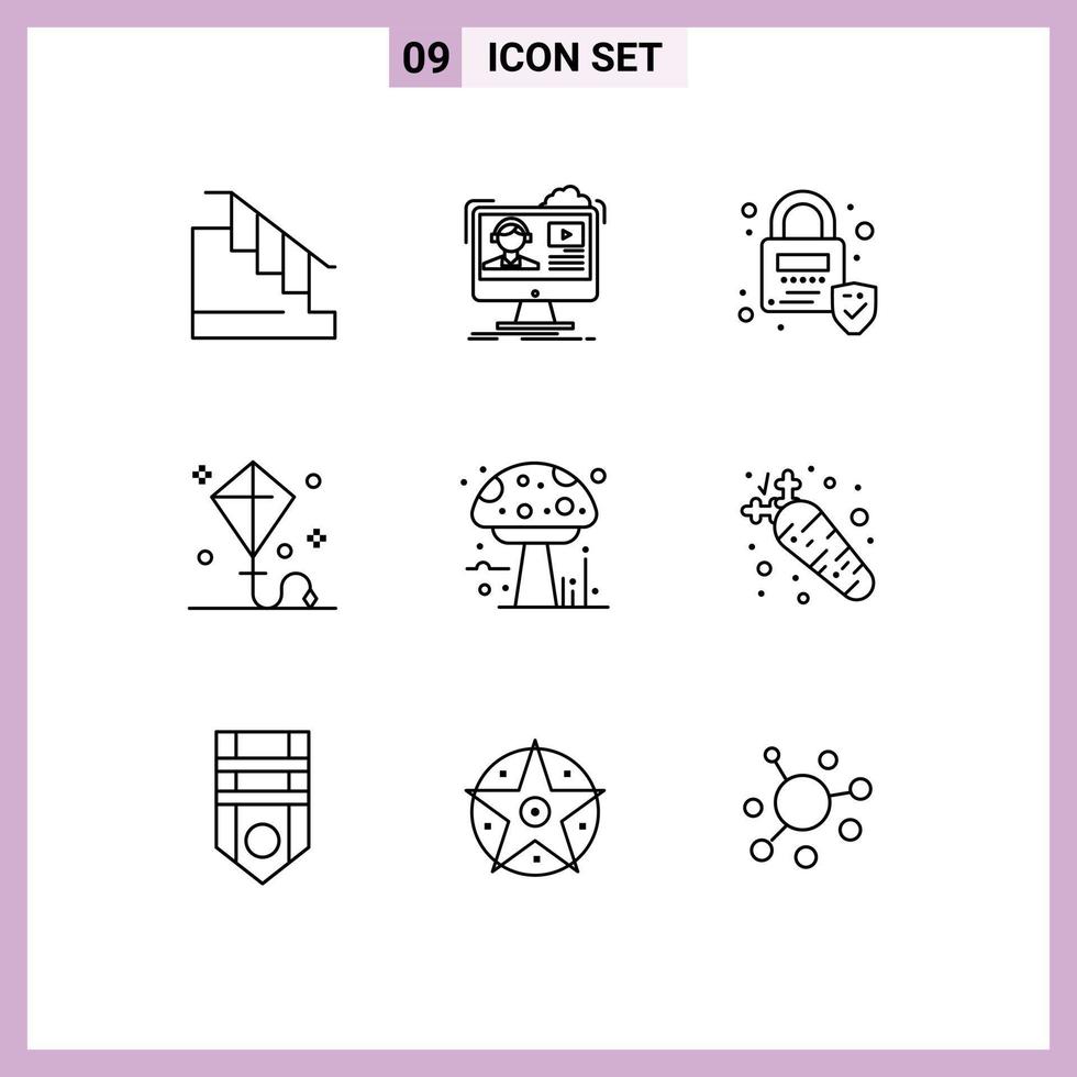 pittogramma impostato di 9 semplice lineamenti di amanita estate formazione scolastica aquilone contento modificabile vettore design elementi