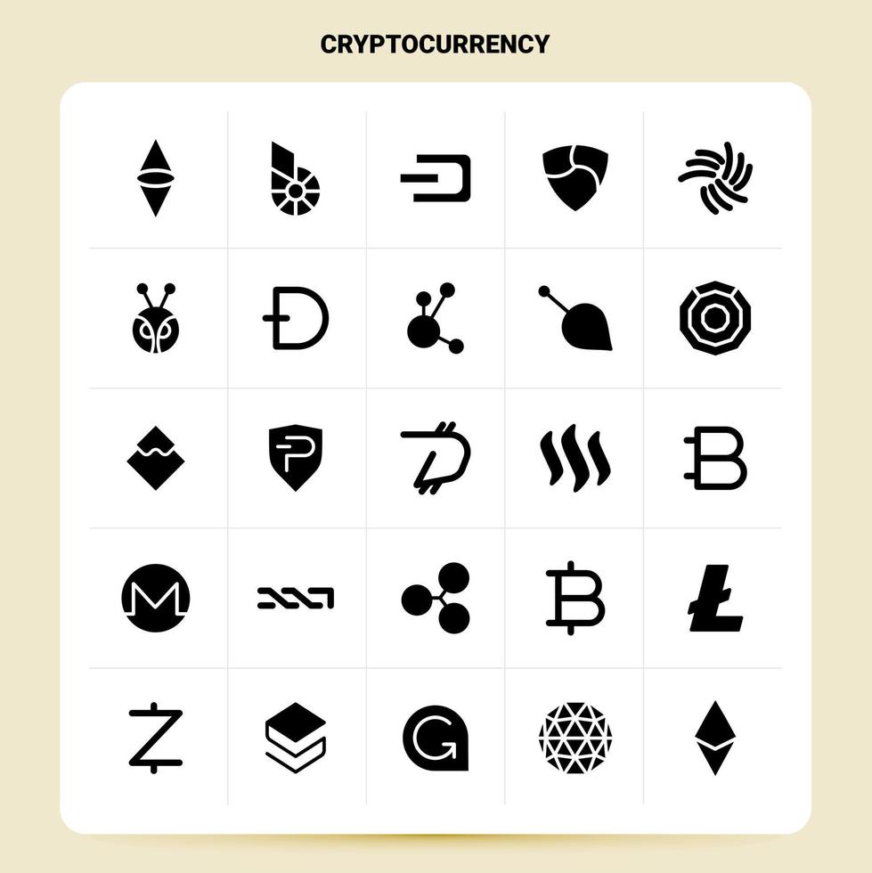 solido 25 criptovaluta icona impostato vettore glifo stile design nero icone impostato ragnatela e mobile attività commerciale idee design vettore illustrazione