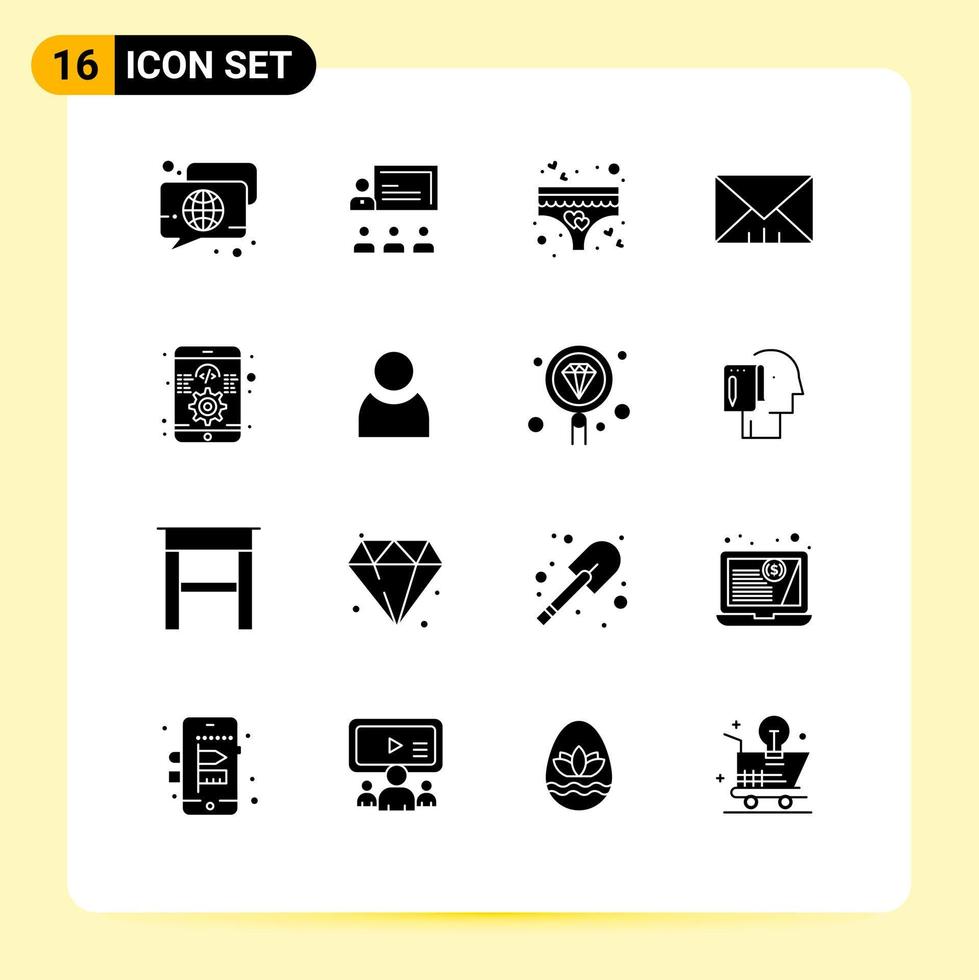 16 solido glifo concetto per siti web mobile e applicazioni App Messaggio comando interfaccia mutandine modificabile vettore design elementi