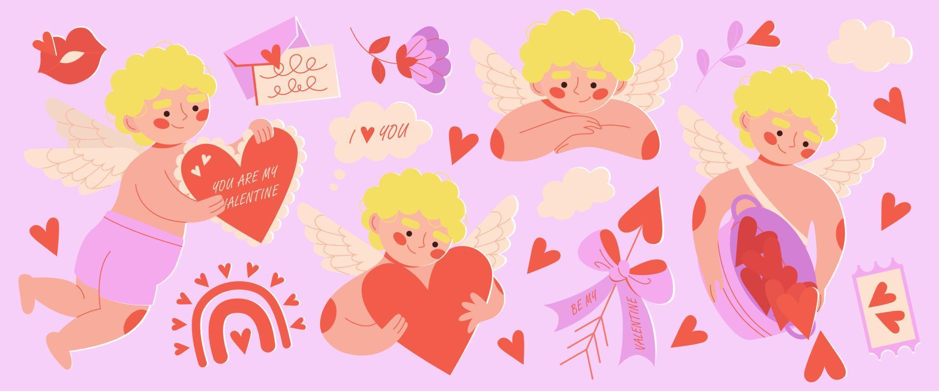 impostato di alato amorini, nuvole, fiori, bacio, amore lettera, freccia, arcobaleno per santo san valentino giorno. febbraio 14 . romantico amur Tenere cuore, poco angeli. cartone animato personaggio illustrazione. vettore