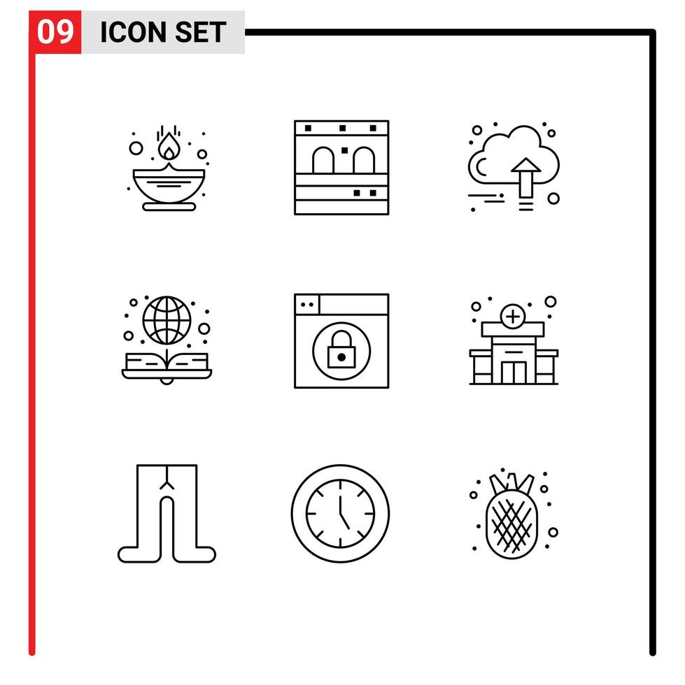 mobile interfaccia schema impostato di 9 pittogrammi di design in linea libro attività commerciale globo libro modificabile vettore design elementi