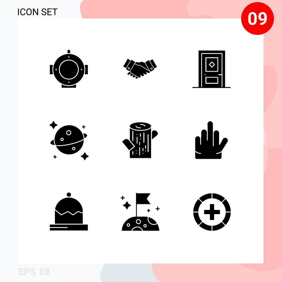 9 solido glifo concetto per siti web mobile e applicazioni legna log edificio spazio pianeta modificabile vettore design elementi