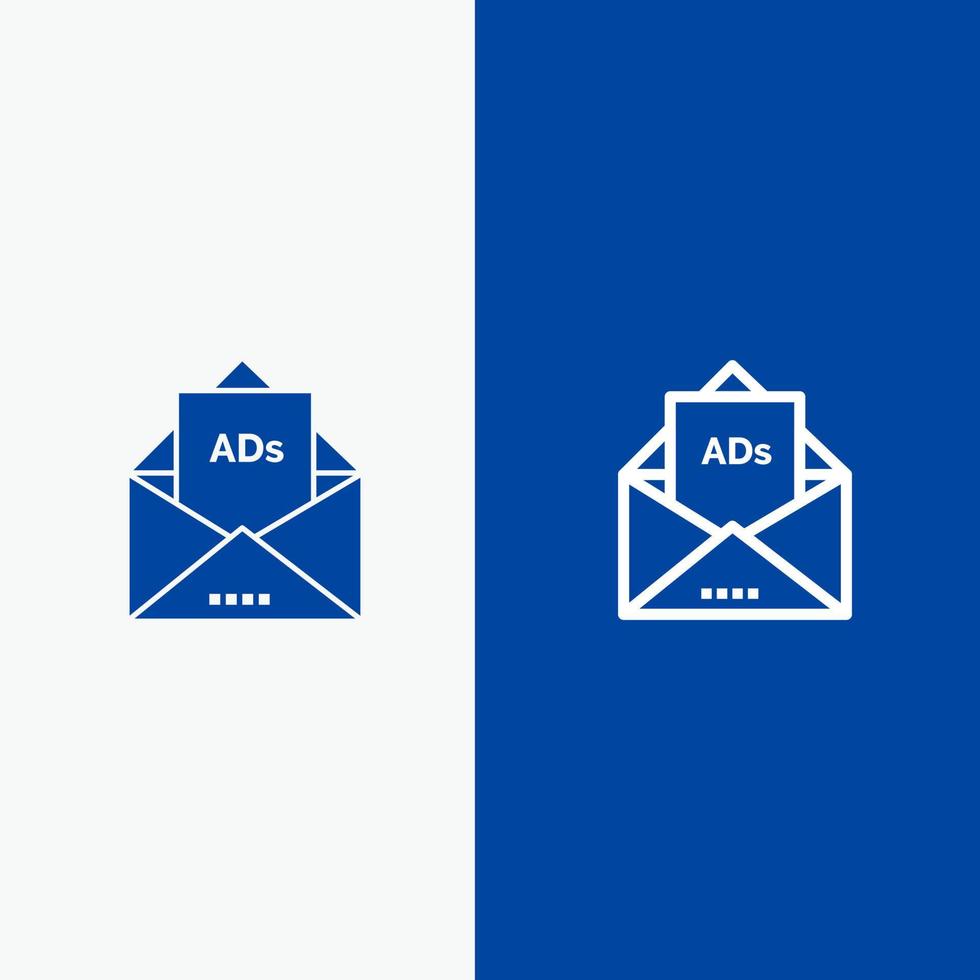 anno Domini pubblicità e-mail lettera posta linea e glifo solido icona blu bandiera linea e glifo solido icona blu bandiera vettore