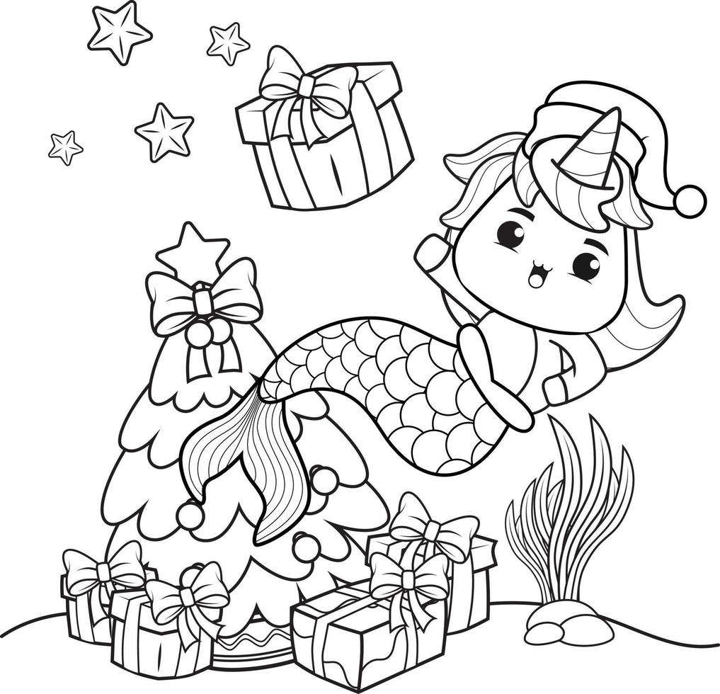 Natale colorazione libro con carino unicorno sirena vettore