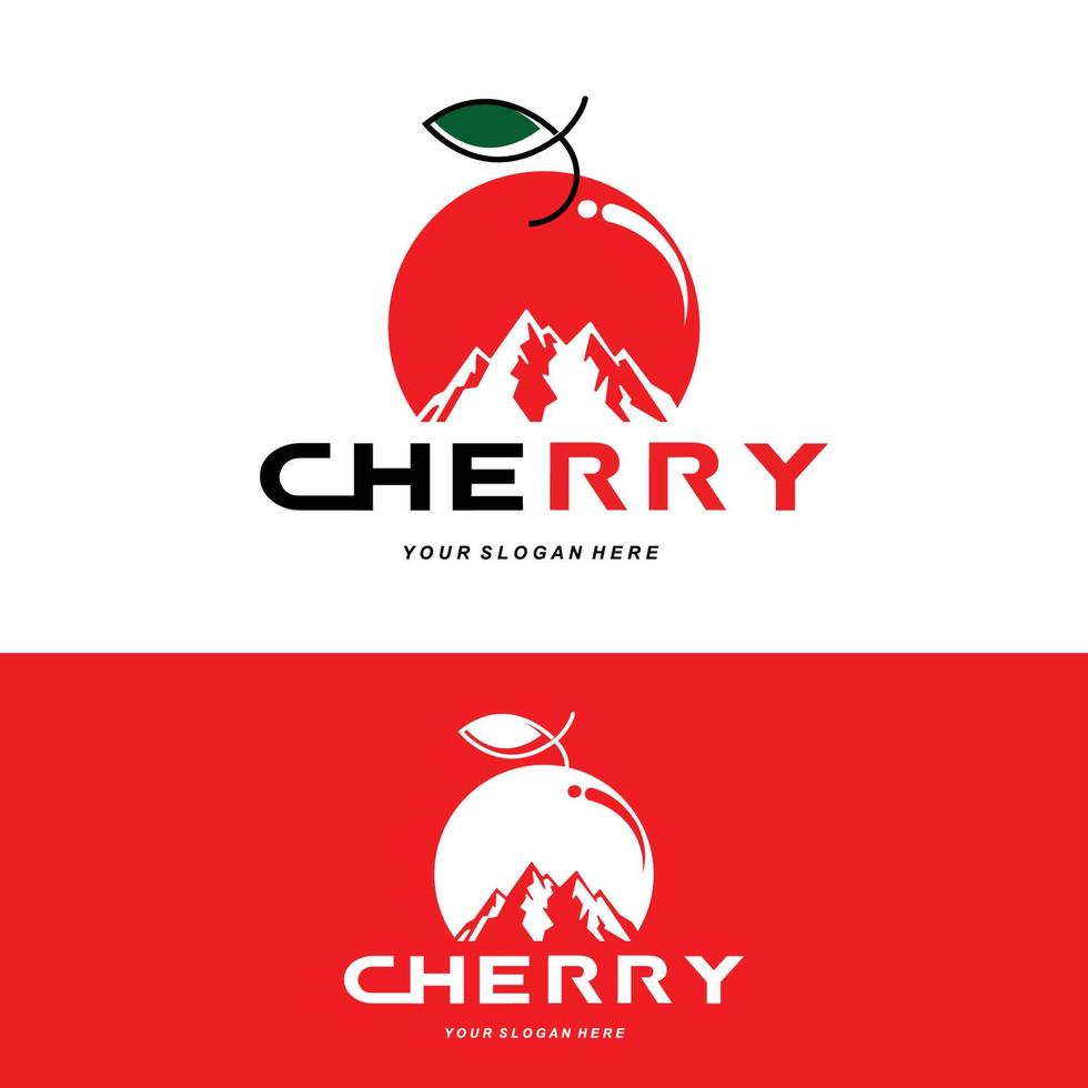 logo della frutta di ciliegio, illustrazione vettoriale della pianta di colore rosso, design del negozio di frutta, azienda, adesivo, marchio del prodotto
